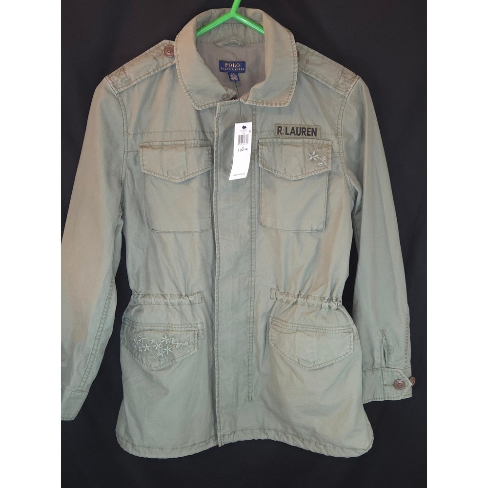 Polo Ralph‎ Lauren Girls Large Olive Green Military field Jacket Embroidered